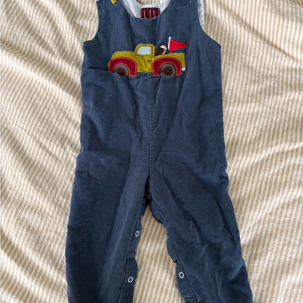 Navy Blue Corduroy Overalls with Yellow Truck Applique